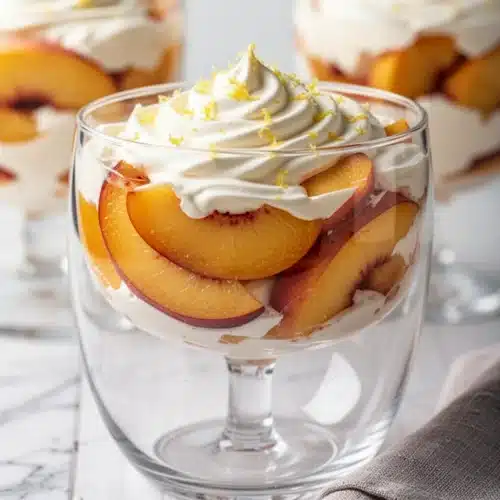 Old fashioned peaches and cream in glass cups with whipped cream and lemon zest