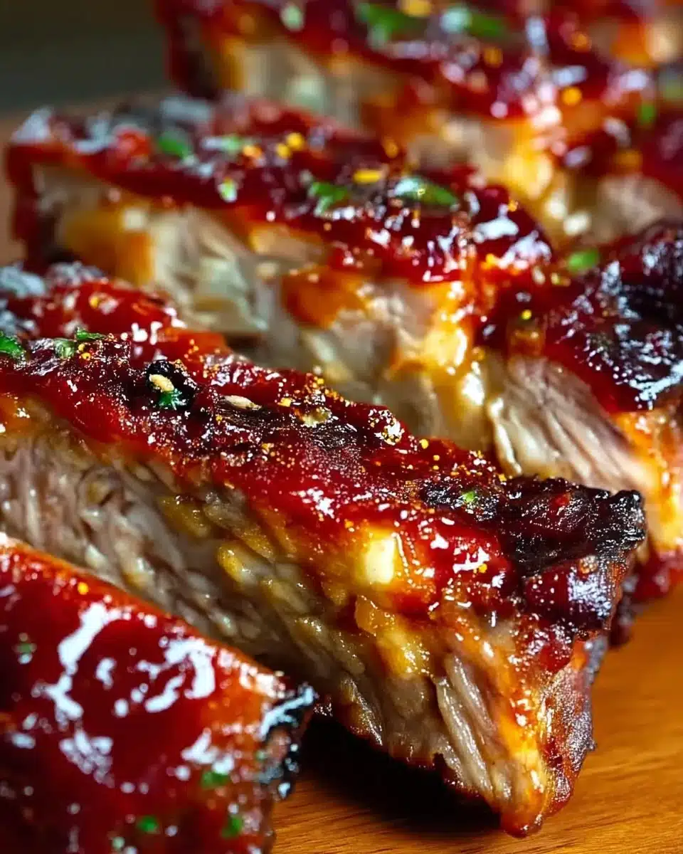 Juicy oven baked barbecue ribs with sticky glaze and herbs, served hot
