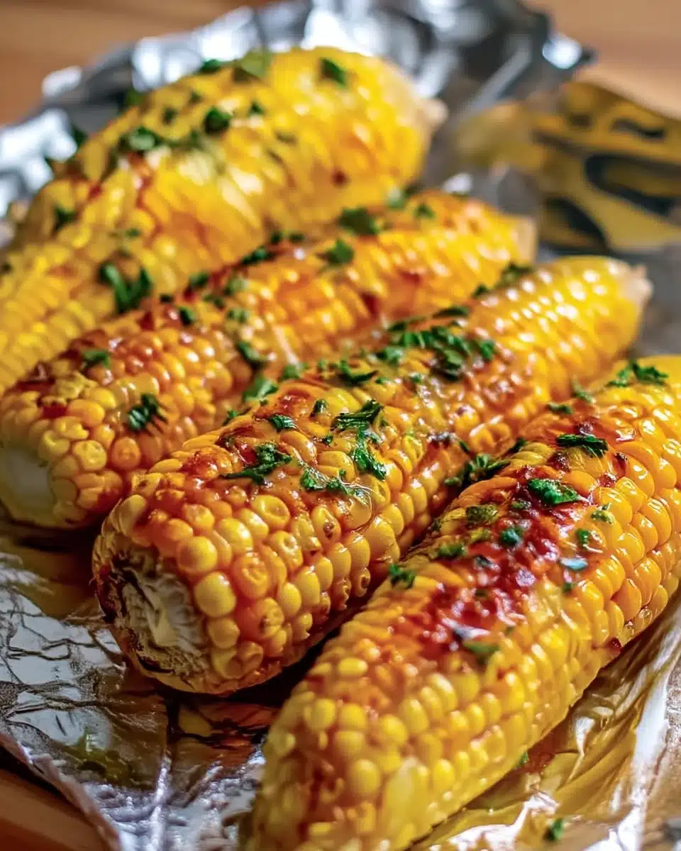 Oven-Roasted Corn on the Cob with Butter and Herbs Oven-roasted corn on the cob with butter and herbs on foil