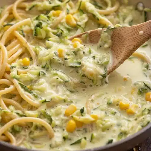Creamy pasta with zucchini sauce and corn, served with wooden spoon