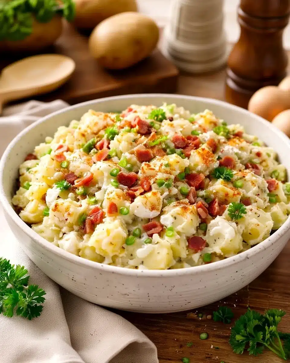 Paula Deen loaded potato salad with bacon, cheese, and green onions in a white bowl