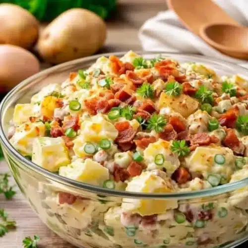Paula Deen loaded potato salad with bacon, cheese, and green onions in a glass bowl