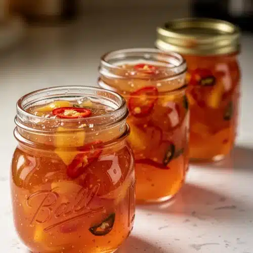 Jars of peach and jalapeno jam with gold lids on a white cloth