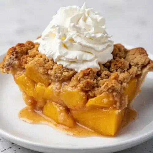 A slice of peach crumb pie with whipped cream on a white plate