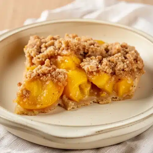 A slice of peach crumble pie with juicy peaches and crispy topping on a plate