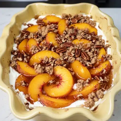 Peach delight recipe dessert with fresh peaches and creamy layers in a yellow dish