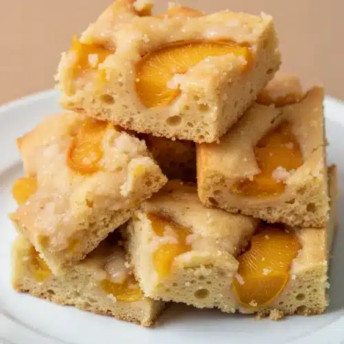 Delicious peach kuchen squares with juicy peaches and crumb topping