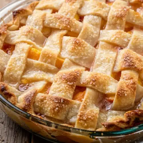 Golden lattice crust peach pie with juicy filling in glass dish