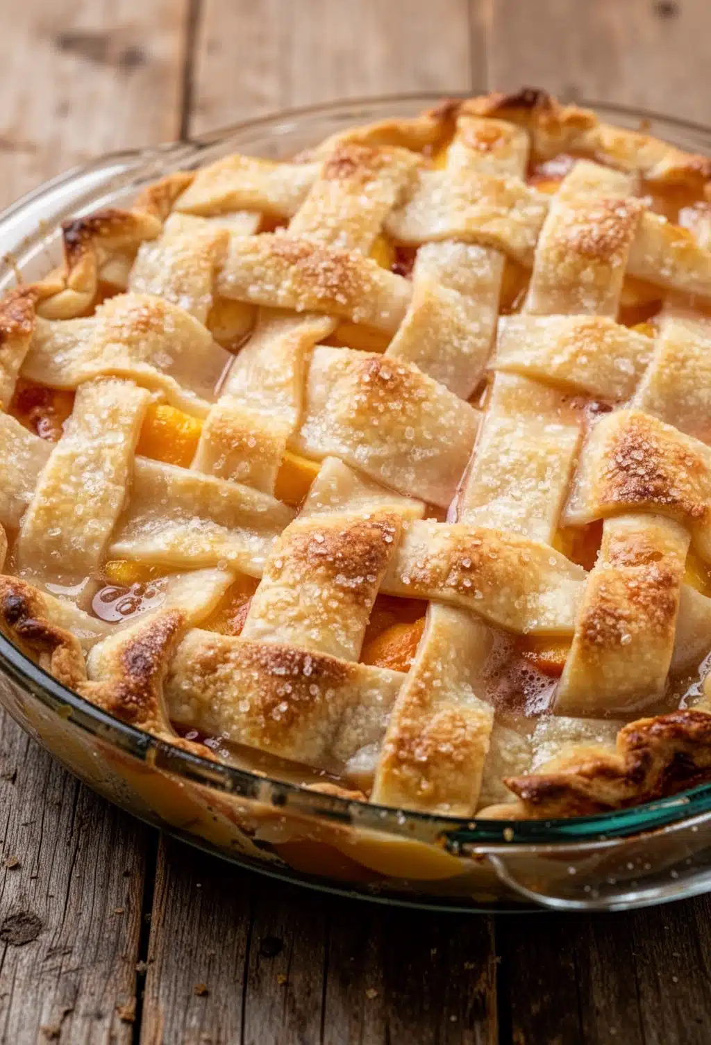 Golden lattice crust peach pie with juicy filling in glass dish