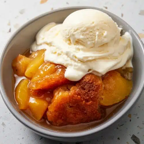 Warm peach pudding with vanilla ice cream in a bowl