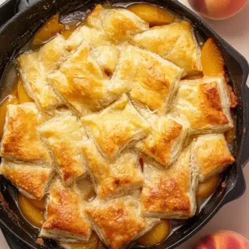 Golden peach puff pastry bake in a skillet with flaky pastry and juicy peaches