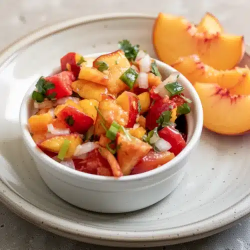 Fresh peach salsa in a white bowl with colorful chunks of fruit and vegetables, garnished with cilantro