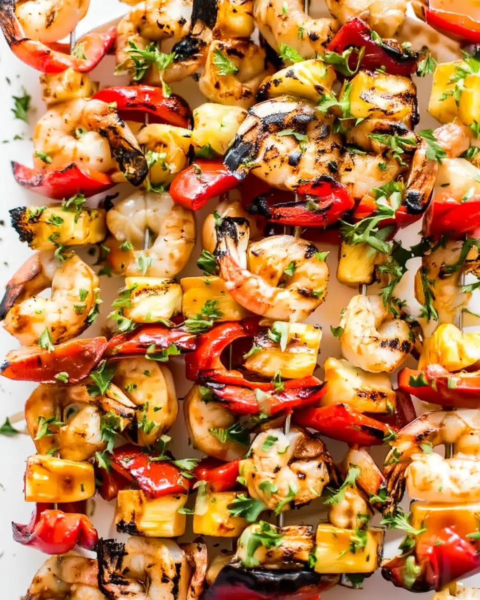 Grilled pineapple shrimp skewers with red peppers and parsley garnish