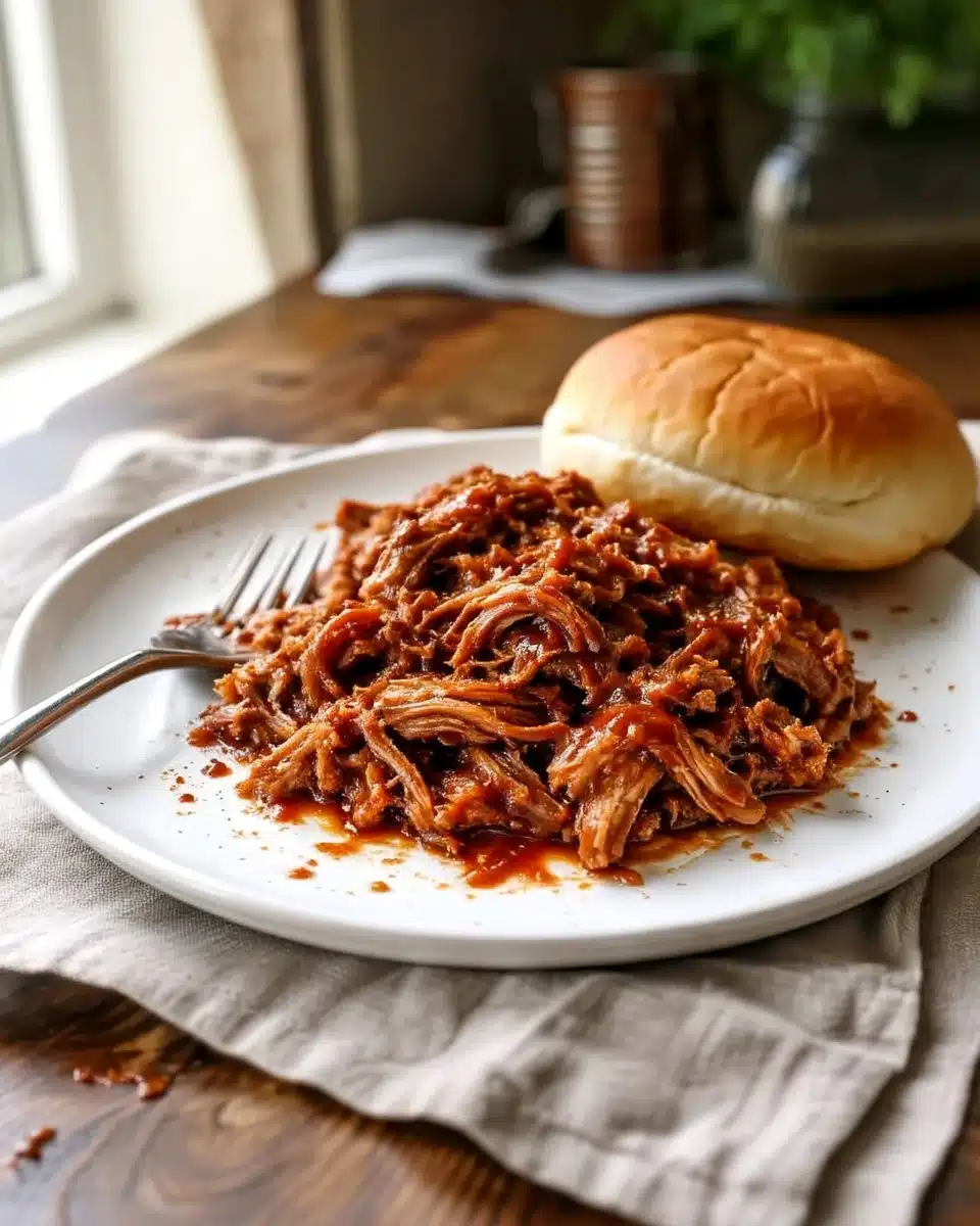 Pioneer Woman pulled pork recipe served on a plate with a bun and fork