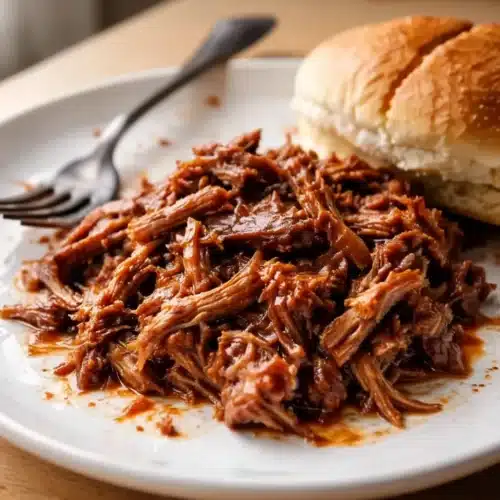 Pioneer Woman pulled pork recipe served on a plate with a bun