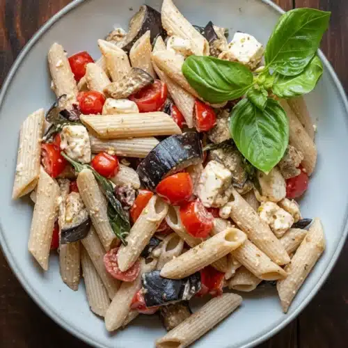 Quick summer pasta with eggplant, tomato, and feta on a plate with fresh basil