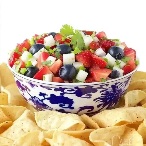 Deliciously Simple Red, White, and Blue Salsa 1 Red, white, and blue salsa with strawberries, blueberries, jicama, and cilantro in a decorative bowl with tortilla chips