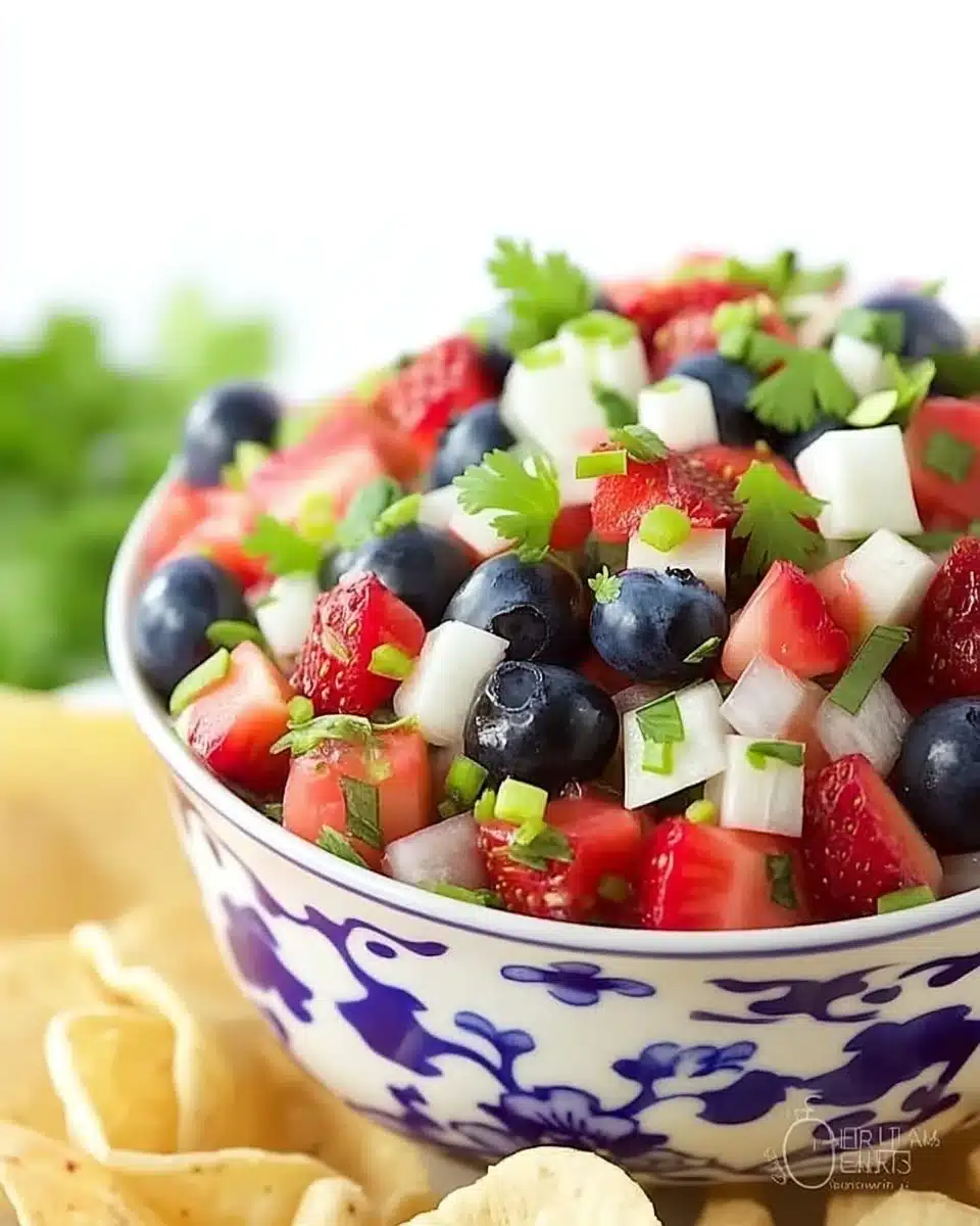 Red White and Blue Salsa with Fresh Berries and Jicama Red, white, and blue salsa with strawberries, blueberries, jicama, and cilantro in a decorative bowl