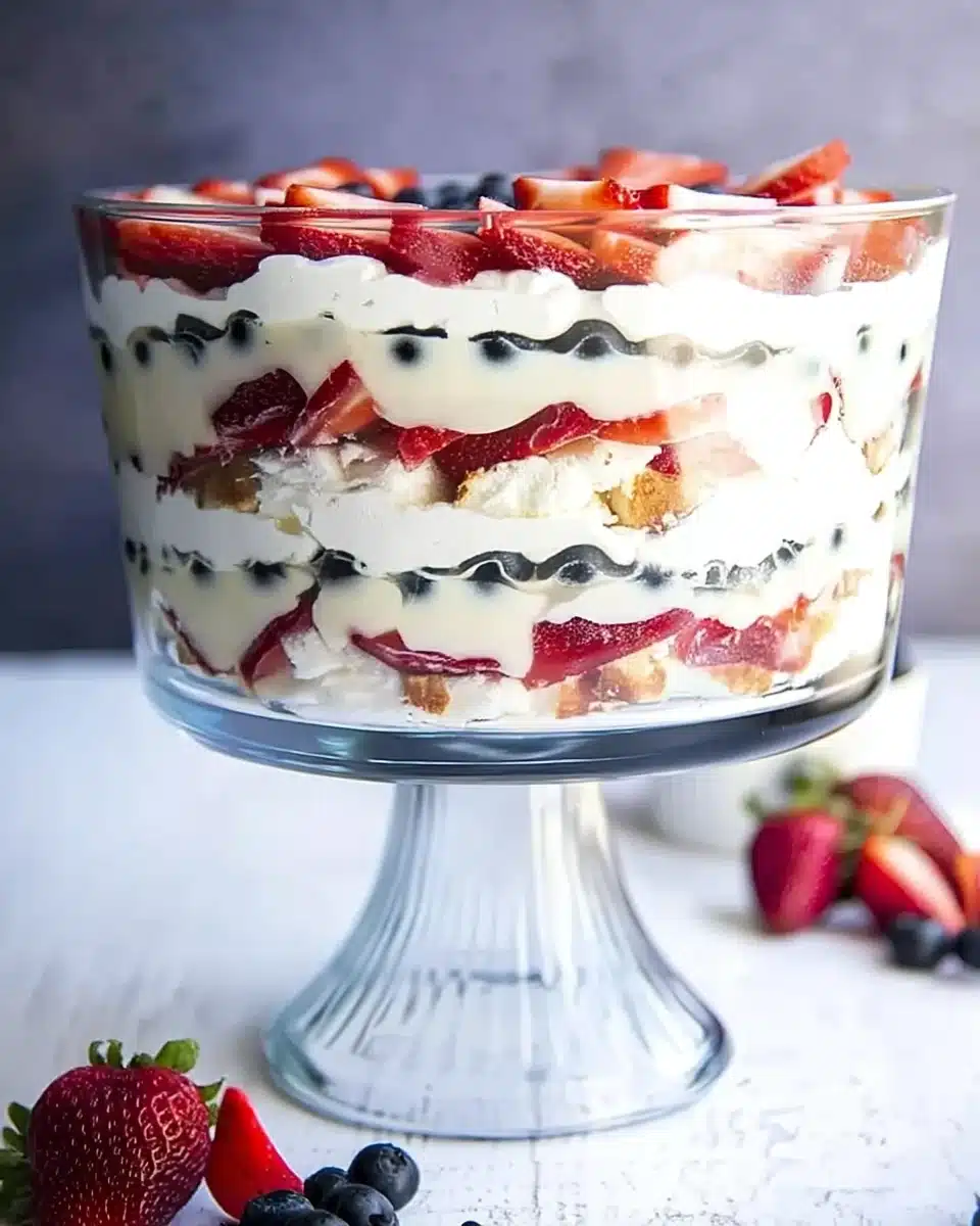 Red white and blue trifle in a jar with layered cake, pudding, strawberries, and blueberries