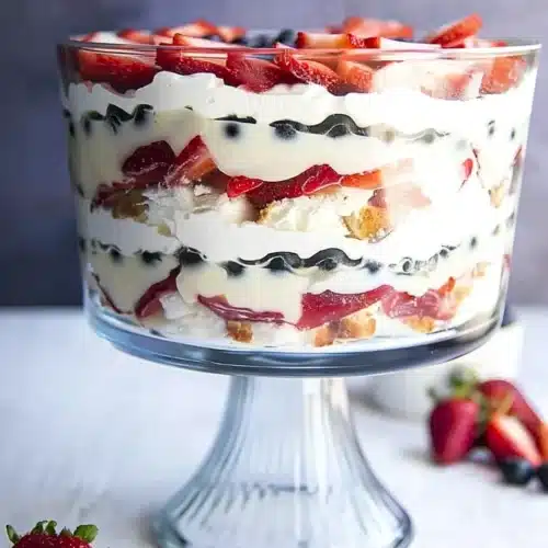 Red white and blue trifle in a jar with layered strawberries, cake, cream, and blueberries