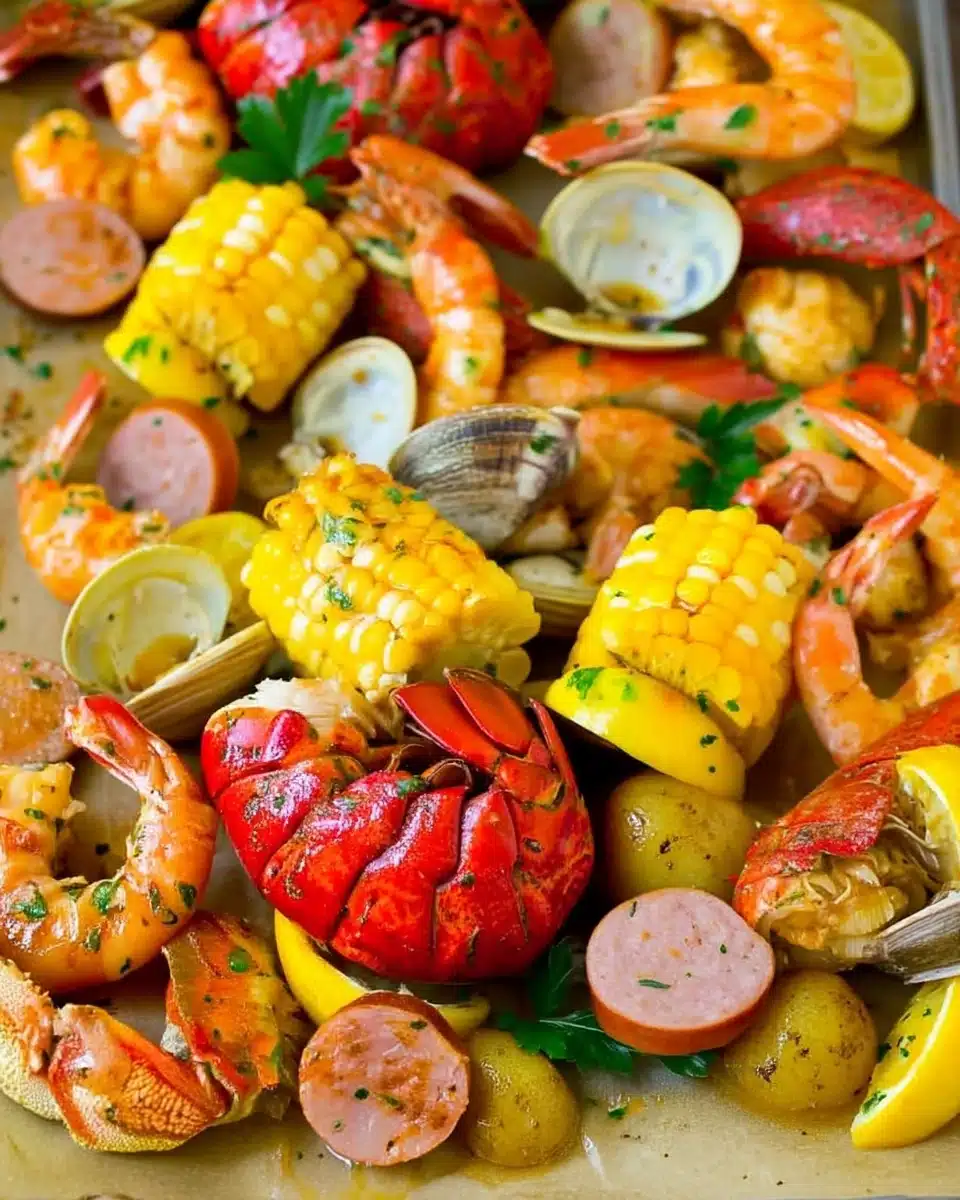 Seafood boil with lobster, shrimp, corn, clams, and sausage on a platter