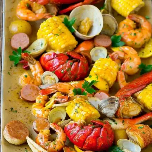 Seafood boil with lobster, shrimp, corn, clams, and sausage on a platter