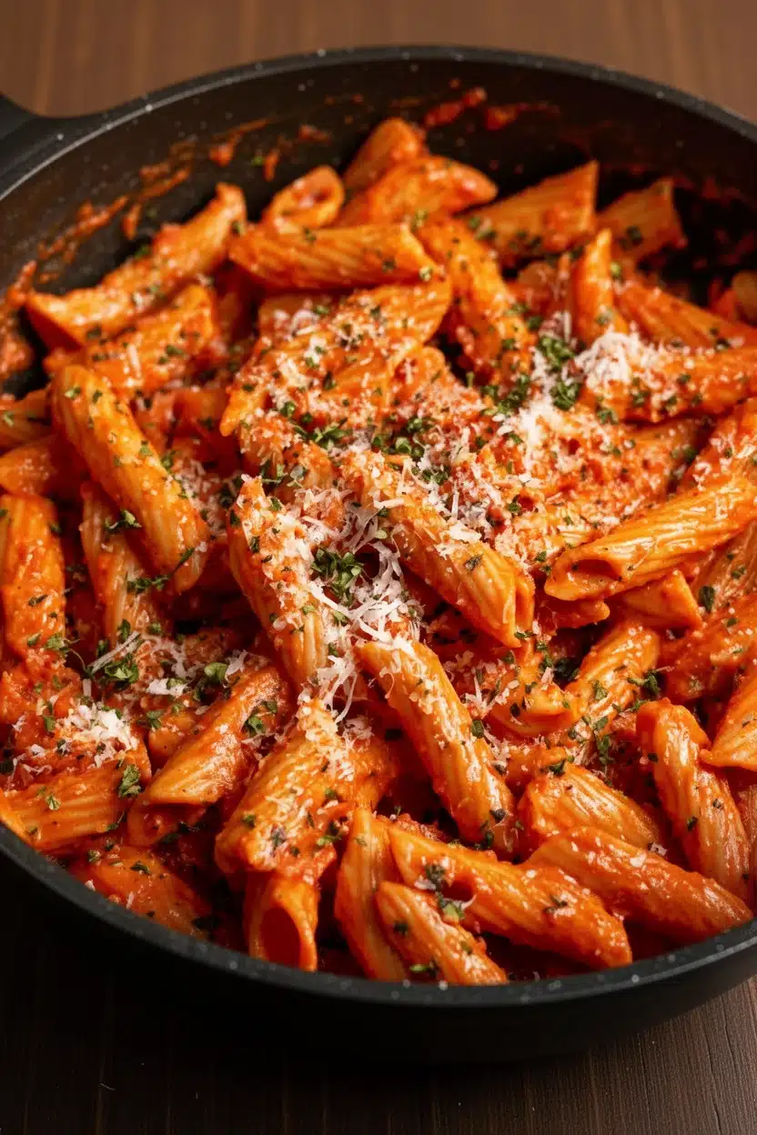 Simple red sauce pasta with Parmesan cheese and herbs in a skillet