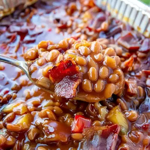 Smoked baked beans with bacon and pineapple in a foil pan, spoon lifting a scoop