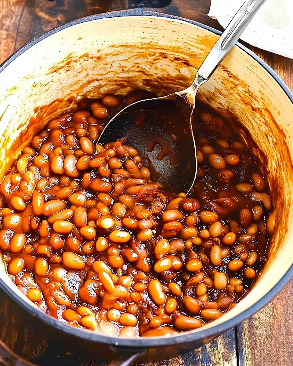 Smoky, sweet homemade beans in a Dutch oven with a spoon
