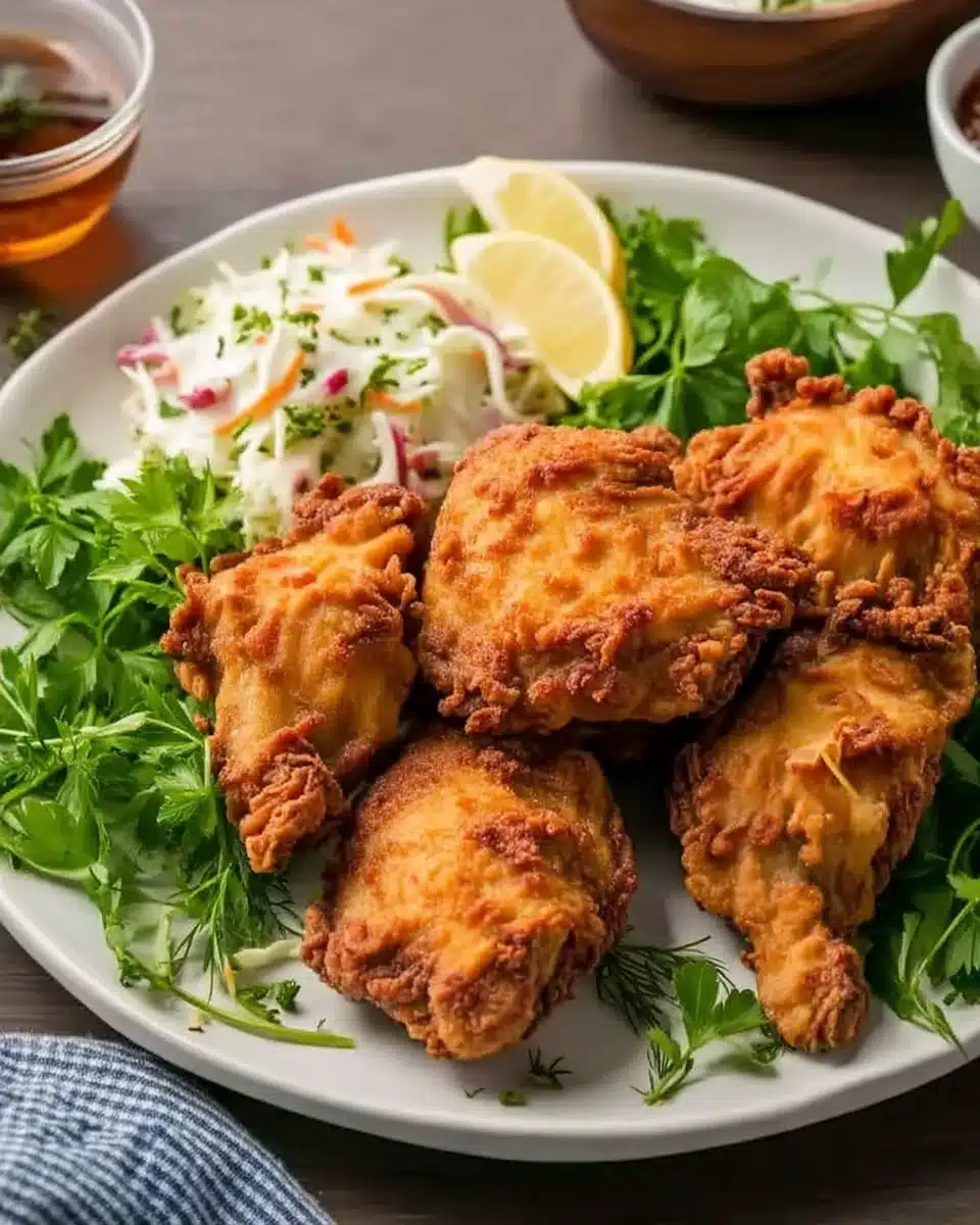 Crispy southern fried chicken batter with coleslaw and lemon on a plate