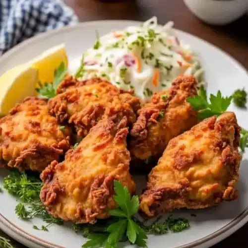 Crispy southern fried chicken batter with coleslaw and lemon on a plate