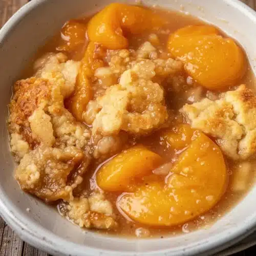 Southern peach cobbler in a white bowl with a wooden spoon, served warm with juicy peaches and golden topping