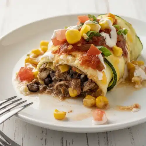 Southwest zucchini roll ups with chicken, beans, corn, and toppings on a white plate