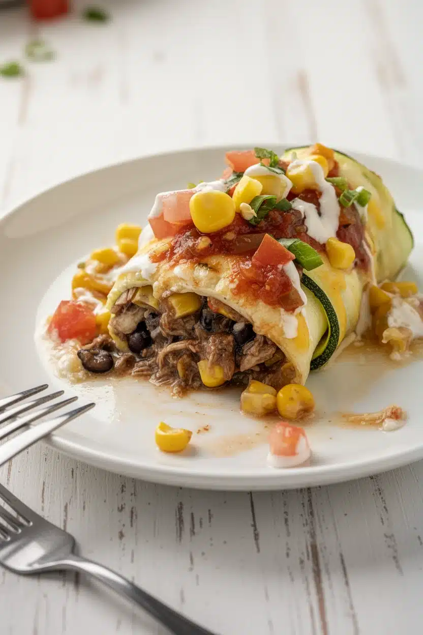 Southwest zucchini roll ups with chicken, beans, corn, and toppings on a white plate