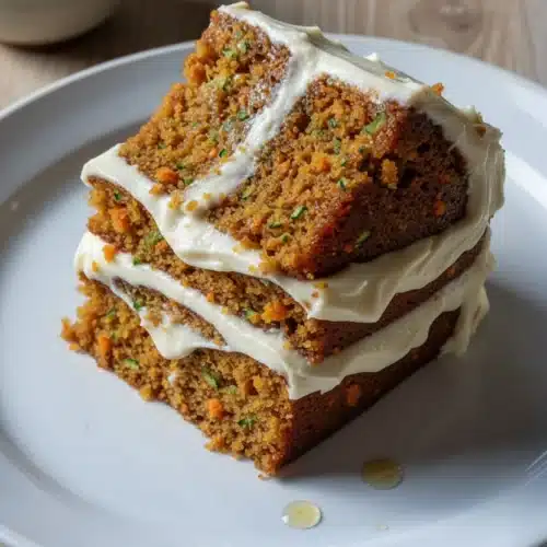 Moist spiced zucchini sweet potato cake slice with white frosting on a plate