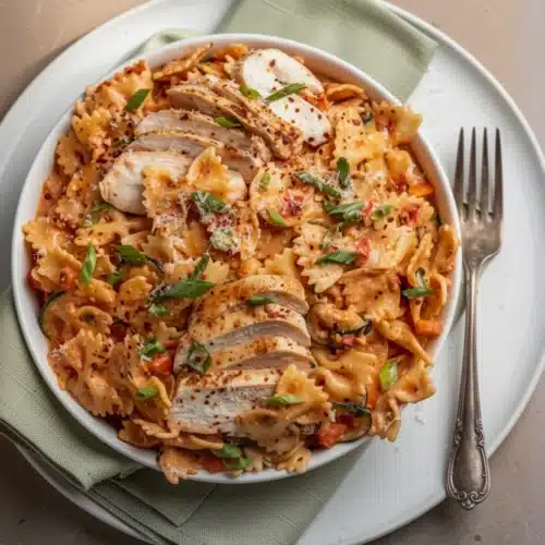 Spicy chicken pasta with summer veggies in a creamy sauce, garnished with green onions and red pepper flakes.