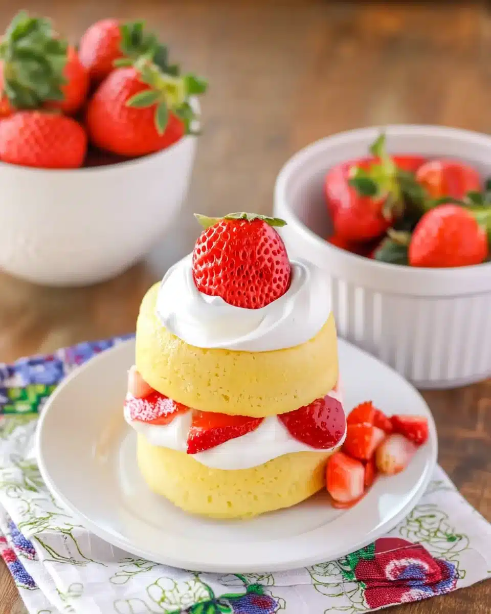 Strawberry shortcake with fresh strawberries and whipped cream on a white plate