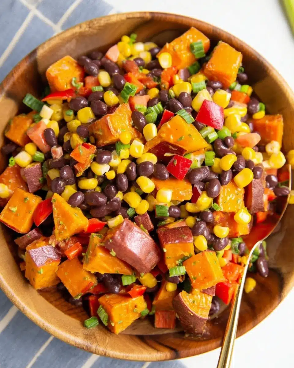 Sweet potato black bean salad with corn, red peppers, and green onions in a wooden bowl