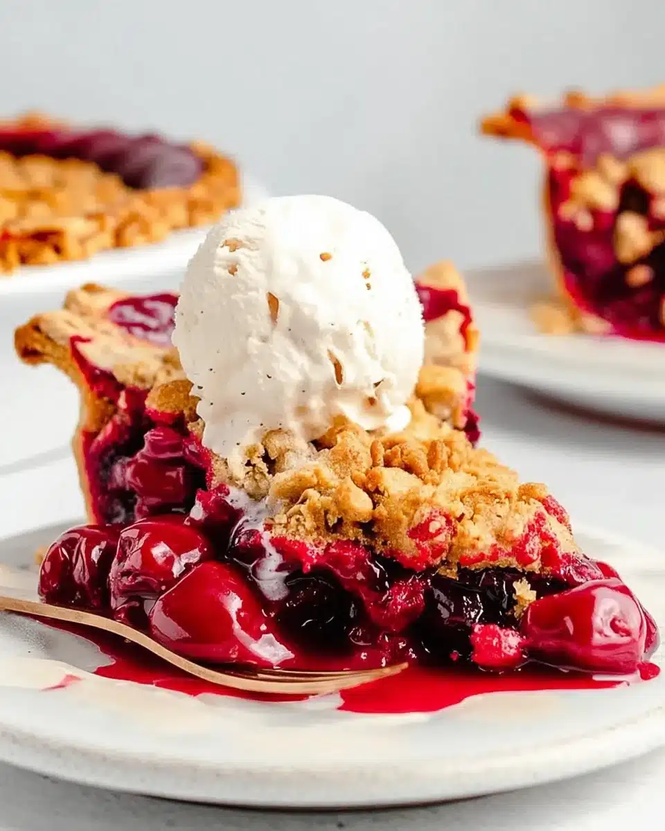 Slice of tart cherry pie with crumb topping and vanilla ice cream