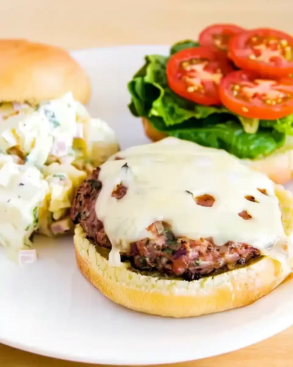 Juicy turkey burger with melted cheese, lettuce, tomato, and potato salad