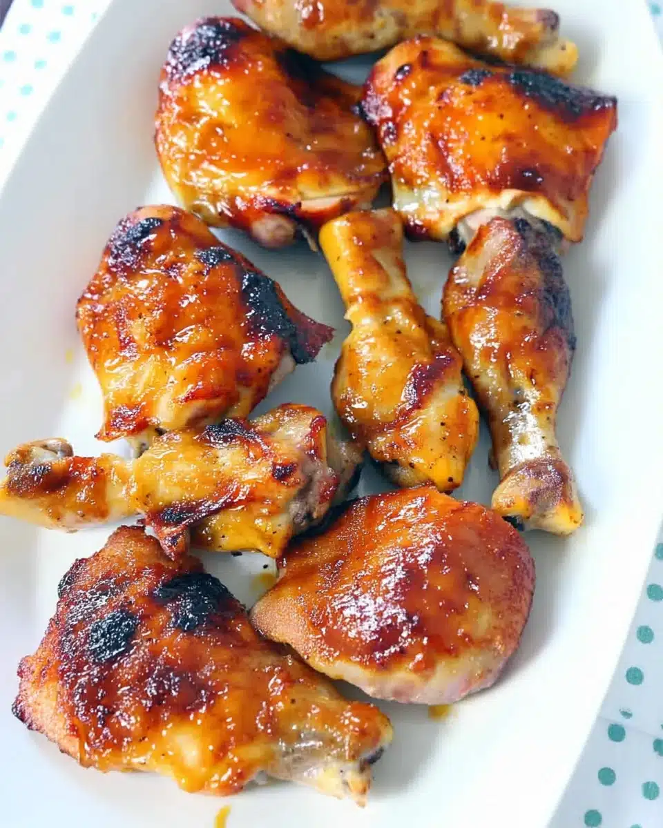 Crispy oven baked BBQ chicken thighs and drumsticks with sticky glaze