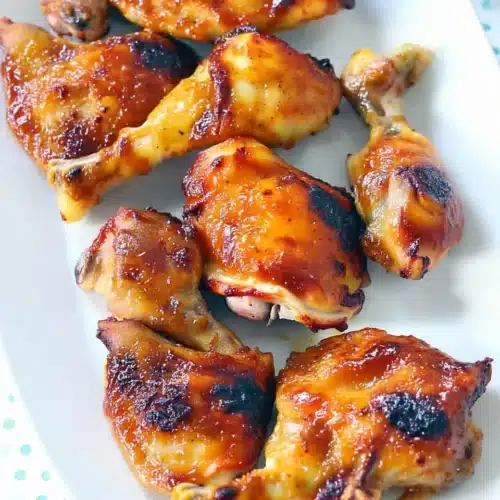 Crispy oven baked BBQ chicken with sticky glaze on white plate