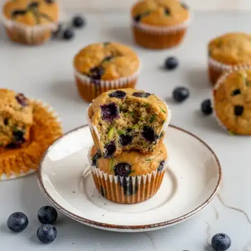 Yummy blueberry zucchini muffins stacked on a plate with fresh blueberries