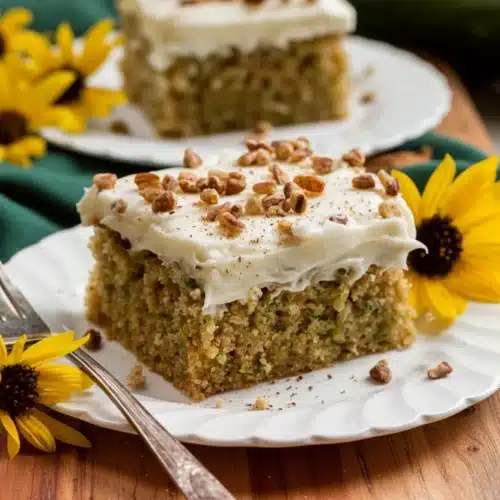 Moist zucchini cake with cream cheese frosting and pecans on a plate