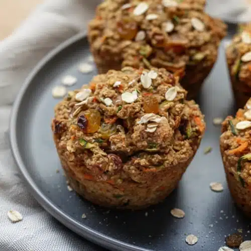 Zucchini carrot breakfast muffins with oats and raisins on a plate