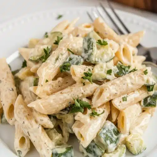 Creamy zucchini cream cheese pasta with penne and fresh parsley on a white plate