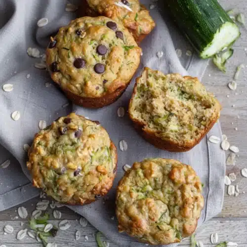 Zucchini oat Greek yogurt muffins with chocolate chips and fresh zucchini on a linen cloth