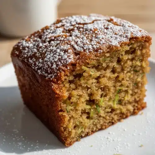 Moist zucchini spice cake slice dusted with powdered sugar, showing tender crumb and green flecks.