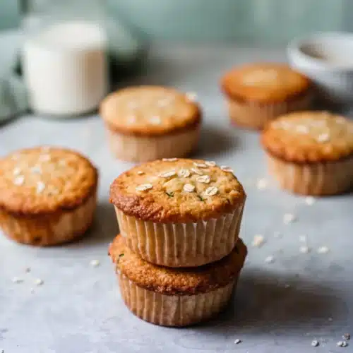 Zucchini vanilla muffins stacked with milk bottle in background