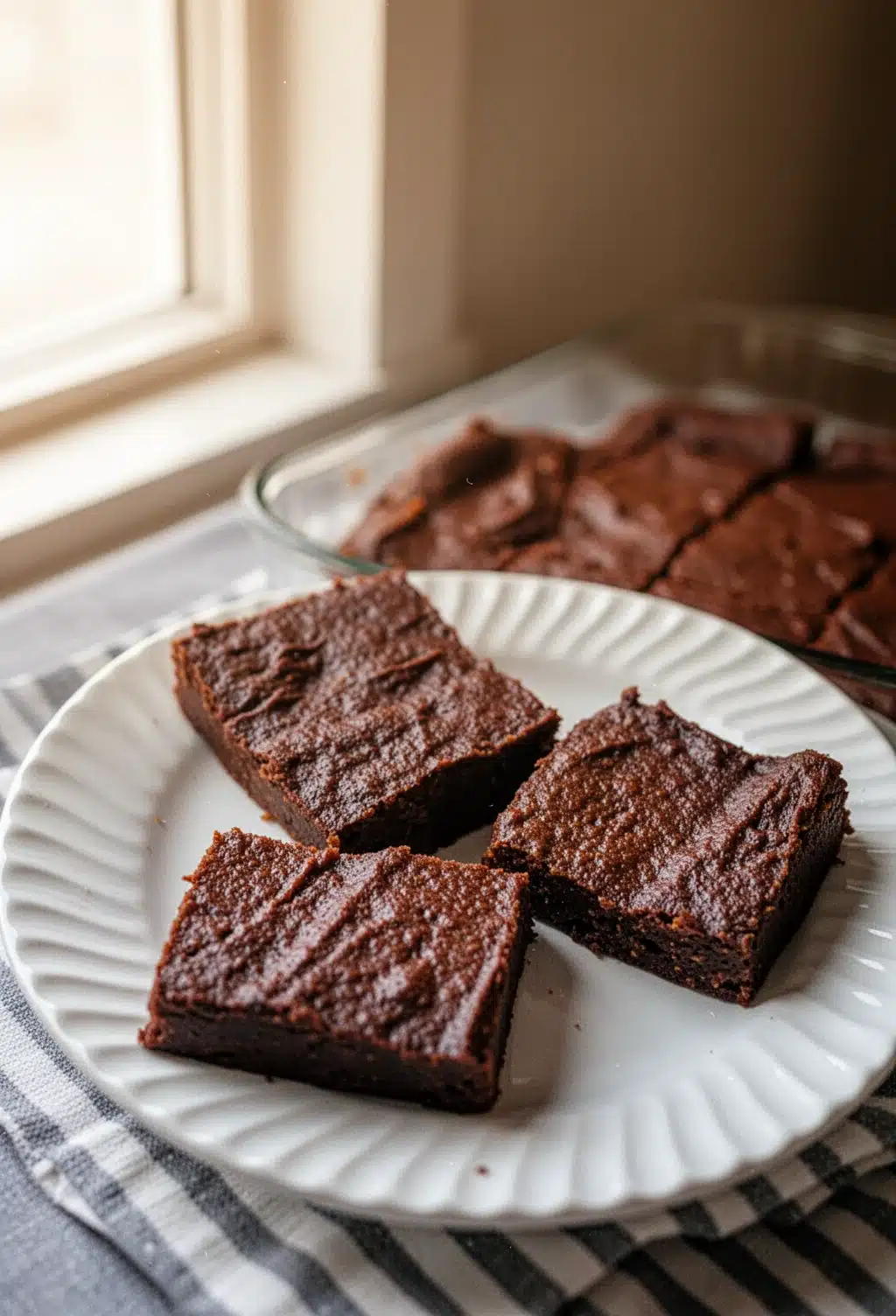 2 Ingredient Pumpkin Brownies on White Plate Three 2 ingredient pumpkin brownies on a white plate with baking dish in background